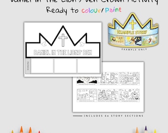 May include: A black and white printable activity set featuring a crown and story sections. The crown template has the text "Daniel in the Lions' Den" and is ready to color. Includes 6 story sections for coloring.