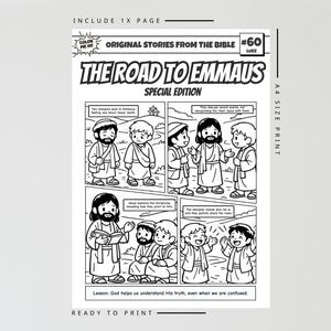 May include: Black and white comic book page titled "The Road to Emmaus" with illustrations of biblical figures. Includes text: "Original Stories From The Bible" and "Special Edition". The page is ready to print and is A4 size.