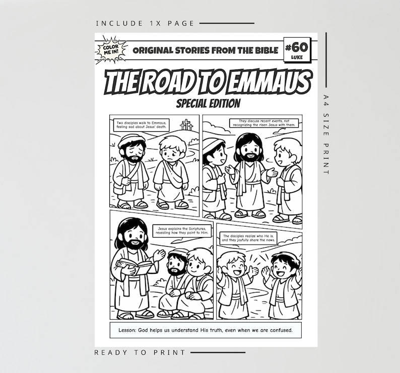 May include: Black and white comic book page titled "The Road to Emmaus" with illustrations of biblical figures. Includes text: "Original Stories From The Bible" and "Special Edition". The page is ready to print and is A4 size.