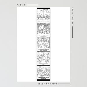 Puede incluir: Impresi&oacute;n ilustrada en blanco y negro que representa una historia b&iacute;blica en formato de c&oacute;mic. Las im&aacute;genes muestran a Jes&uacute;s y sus amigos en un barco, una tormenta y Jes&uacute;s calmando el mar. El texto incluye "Jes&uacute;s y sus amigos navegaron por el mar."