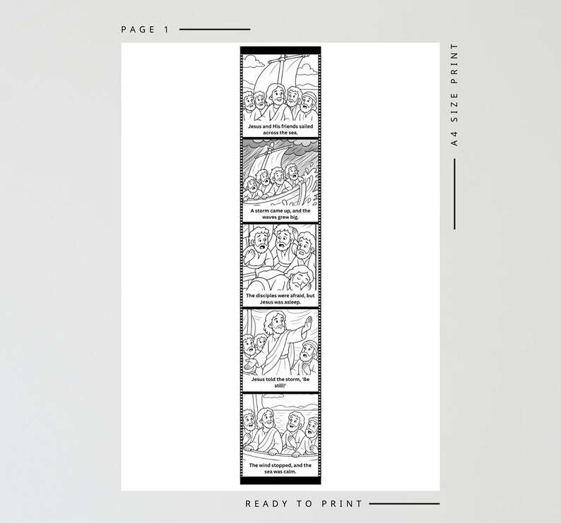 Puede incluir: Impresi&oacute;n ilustrada en blanco y negro que representa una historia b&iacute;blica en formato de c&oacute;mic. Las im&aacute;genes muestran a Jes&uacute;s y sus amigos en un barco, una tormenta y Jes&uacute;s calmando el mar. El texto incluye "Jes&uacute;s y sus amigos navegaron por el mar."