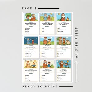 May include: A sheet of paper with colorful illustrations and text, featuring a series of cards with questions and answers. The cards are arranged in a grid, with the words "PAGE 1" and "READY TO PRINT" visible.