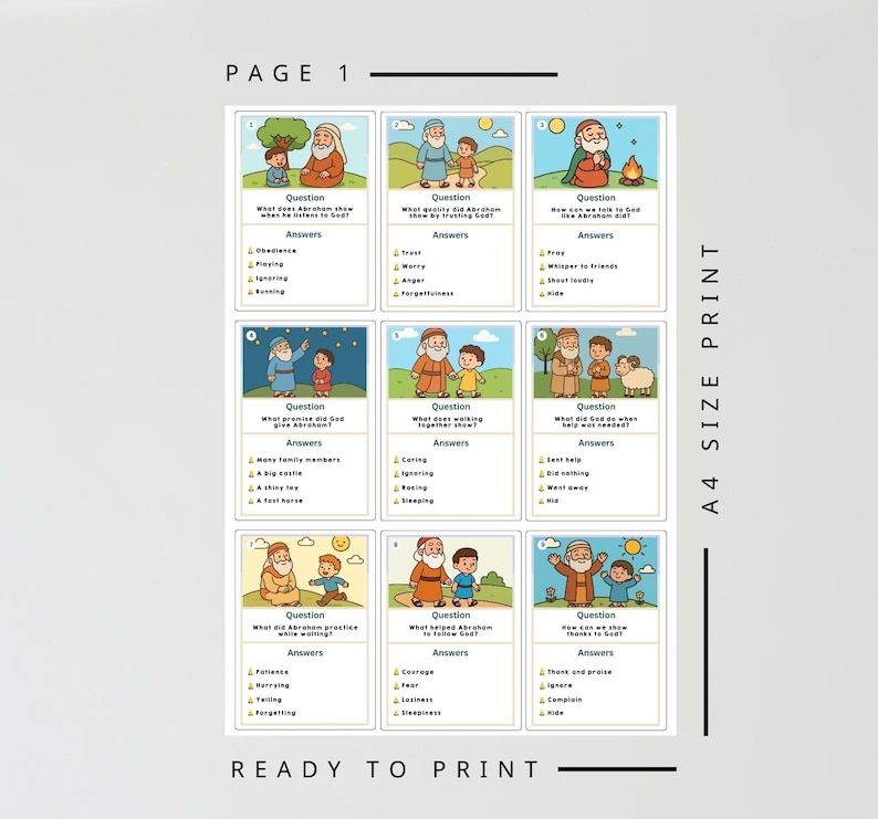 May include: A sheet of paper with colorful illustrations and text, featuring a series of cards with questions and answers. The cards are arranged in a grid, with the words "PAGE 1" and "READY TO PRINT" visible.