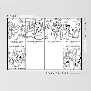 May include: Black and white line art illustration of a children's storybook page. The page is divided into six panels depicting scenes from the story of Esther, with text captions. The words "READY TO PRINT" are at the bottom.
