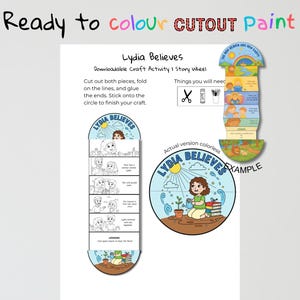 May include: A downloadable craft activity titled "Lydia Believes" with instructions to cut, fold, and glue. The image includes a story wheel and a circular illustration of a girl watering a plant. The text reads "Ready to colour CUTOUT Paint."