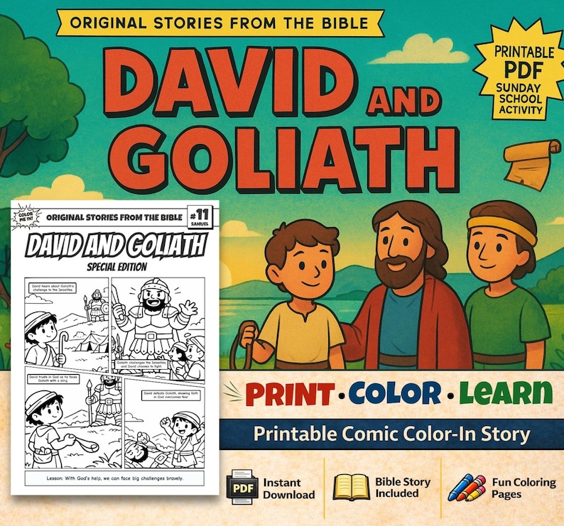David and Goliath Bible Comic Colouring Page: listing photo
