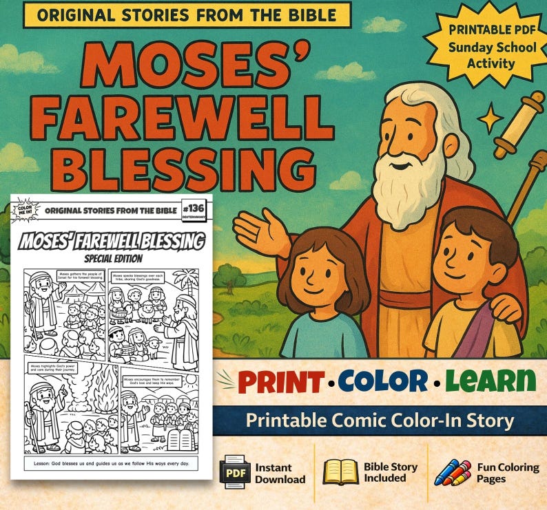 Moses’ Farewell Blessing Bible Comic Colouring Page: listing photo