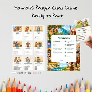 Puede incluir: Un colorido "Hannah's Prayer Card Game" con el texto "Ready to Print" y "Comes in Color". El juego incluye tarjetas ilustradas con preguntas y respuestas, con escenas y personajes b&iacute;blicos. Una mano sostiene una tarjeta con una ilustraci&oacute;n de una casa.