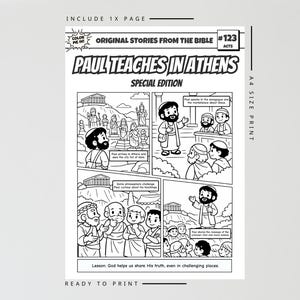 May include: Black and white comic book page titled "Paul Teaches in Athens" from "Original Stories From The Bible." The page includes illustrations of Paul teaching, with text bubbles and the words "Special Edition" and "Ready to Print."