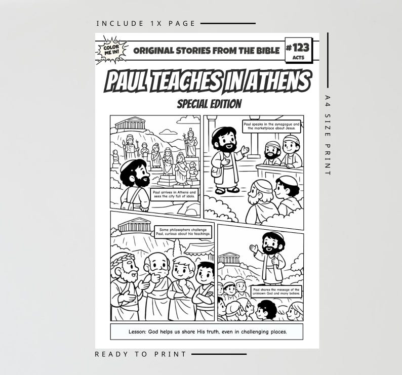May include: Black and white comic book page titled "Paul Teaches in Athens" from "Original Stories From The Bible." The page includes illustrations of Paul teaching, with text bubbles and the words "Special Edition" and "Ready to Print."