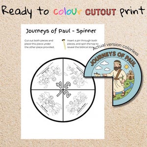 以下が含まれることがあります： 「Journeys of Paul - Spinner」というタイトルの、色を塗るための切り抜き印刷。画像には、イラストとテキストが書かれた4つのセクションに分かれた円形のスピナーが描かれています。完成したカラフルなバージョンも表示されています。