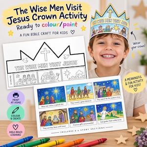 May include: A paper crown activity kit titled The Wise Men Visit Jesus, featuring a black and white outline template for coloring, a finished blue and yellow crown, and a six-panel story sheet with colorful illustrations of the nativity scene.