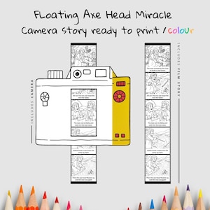 Op de afbeelding: Zwart-witte lijntekening van een camera met een gele zijkant en filmstrips. De tekst op de afbeelding luidt "Floating Axe Head Miracle Camera story ready to print / colour". De camera bevat een filmverhaal.