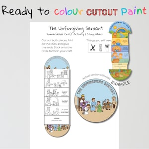 Puede incluir: Una actividad de manualidades descargable titulada "El Siervo Despiadado" con instrucciones para cortar, doblar y pegar. La imagen incluye una rueda de historias, una ilustración circular y el texto "Ready to colour CUTOUT Paint."