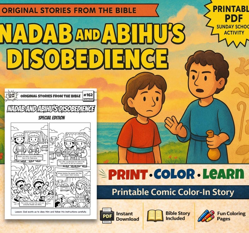 Nadab and Abihu’s Disobedience Bible Comic Colouring Page for Kids: listing photo