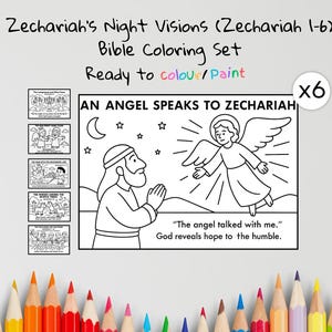 May include: A Bible coloring set titled "Zechariah's Night Visions." The set includes six coloring pages with illustrations of biblical scenes. The main image shows an angel speaking to Zechariah, with text that reads "The angel talked with me."