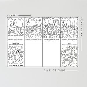 May include: Black and white line art of a Bible story, depicting Paul's shipwreck. The illustrations show a boat, a storm, and people in the water. Text includes "Paul's Shipwreck" and "Ready to Print."