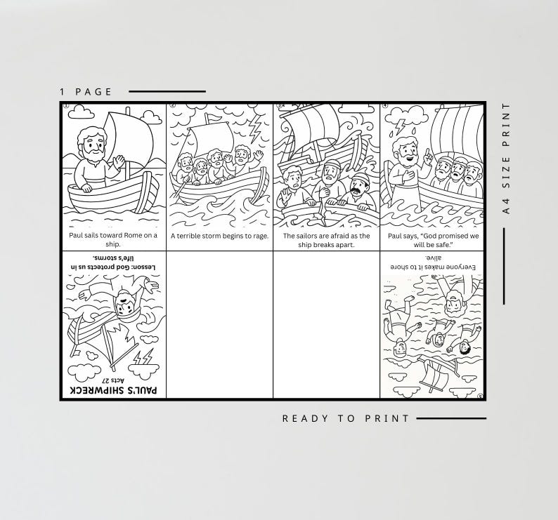 May include: Black and white line art of a Bible story, depicting Paul's shipwreck. The illustrations show a boat, a storm, and people in the water. Text includes "Paul's Shipwreck" and "Ready to Print."