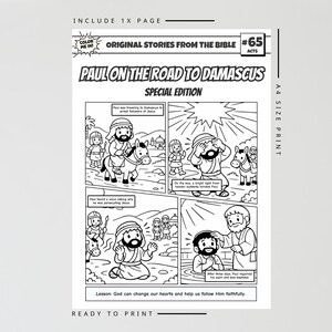May include: Black and white coloring page titled "Original Stories From The Bible #65 Acts" with the story of Paul on the Road to Damascus. The page includes illustrations of Paul and other figures, with text bubbles and the words "Ready to Print."