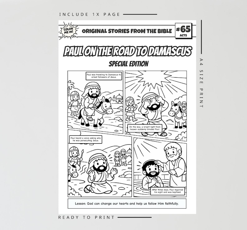 May include: Black and white coloring page titled "Original Stories From The Bible #65 Acts" with the story of Paul on the Road to Damascus. The page includes illustrations of Paul and other figures, with text bubbles and the words "Ready to Print."