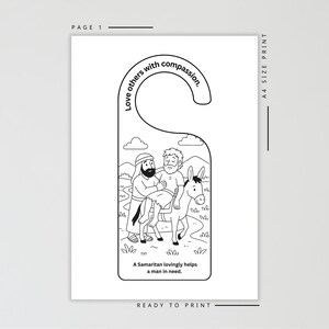 May include: Black and white door hanger with a biblical illustration. The image depicts a Samaritan helping a man, with text that reads "Love others with compassion" and "A Samaritan lovingly helps a man in need."