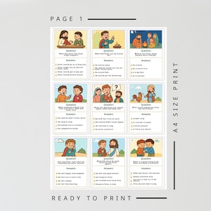 May include: A sheet of paper with a grid of illustrated cards. Each card features a question and answer format with cartoon figures. The text "PAGE 1" and "READY TO PRINT" are visible. The paper is designed for A4 size printing.