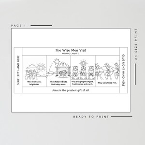 May include: Black and white illustration of the Wise Men's visit to baby Jesus, with text including "The Wise Men Visit" and "Jesus is the greatest gift of all." The image is labeled "Page 1" and "A4 Size Print."