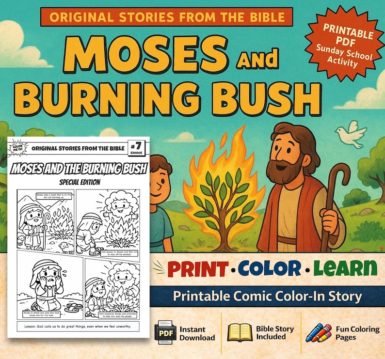 Moses and the Burning Bush Bible Comic Colouring Page for Kids: listing photo