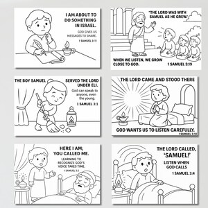 May include: A set of six black and white illustrated cards with Bible verses. Each card features a different scene with text from 1 Samuel, including phrases like "I am about to do something in Israel" and "The Lord called, 'Samuel!'"