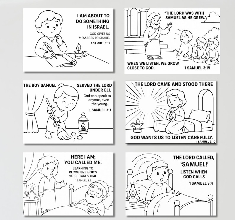 May include: A set of six black and white illustrated cards with Bible verses. Each card features a different scene with text from 1 Samuel, including phrases like "I am about to do something in Israel" and "The Lord called, 'Samuel!'"