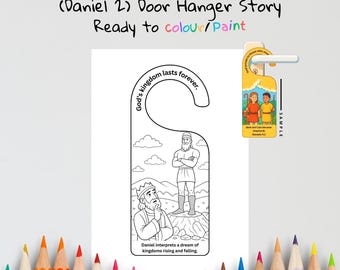 Può includere: Un appendiabiti bianco con il testo "Nebuchadnezzar's Dream of the Statue (Daniel 2) Door Hanger Story Ready to colour/Paint". L'appendiabiti presenta un'illustrazione in bianco e nero di una scena biblica e il testo "God's kingdom lasts forever."