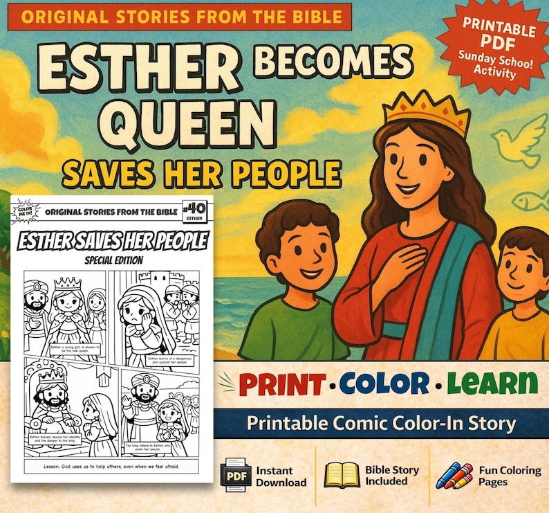Esther Becomes Queen Bible Comic Colouring Page: listing photo