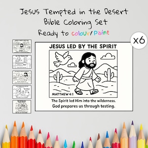 May include: A Bible coloring set featuring the story of "Jesus Tempted in the Desert." The set contains six coloring pages with illustrations of Jesus, cacti, and text. The text reads "Jesus Led by the Spirit" and "Ready to colour/paint."