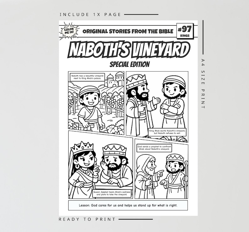 Naboth’s Vineyard A4 Bible Comic Coloring Page | Sunday School Craft | Bible Study for Kids | Children’s Church Activity | 1 Kings 21 image 2
