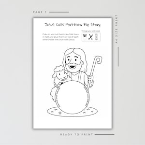 Puede incluir: Hoja de actividades imprimible en blanco y negro, tama&ntilde;o A4. La imagen muestra una ilustraci&oacute;n de Jes&uacute;s con una oveja, un bast&oacute;n y un c&iacute;rculo grande. El t&iacute;tulo es "Jesus Calls Matthew Flip Story" con instrucciones.