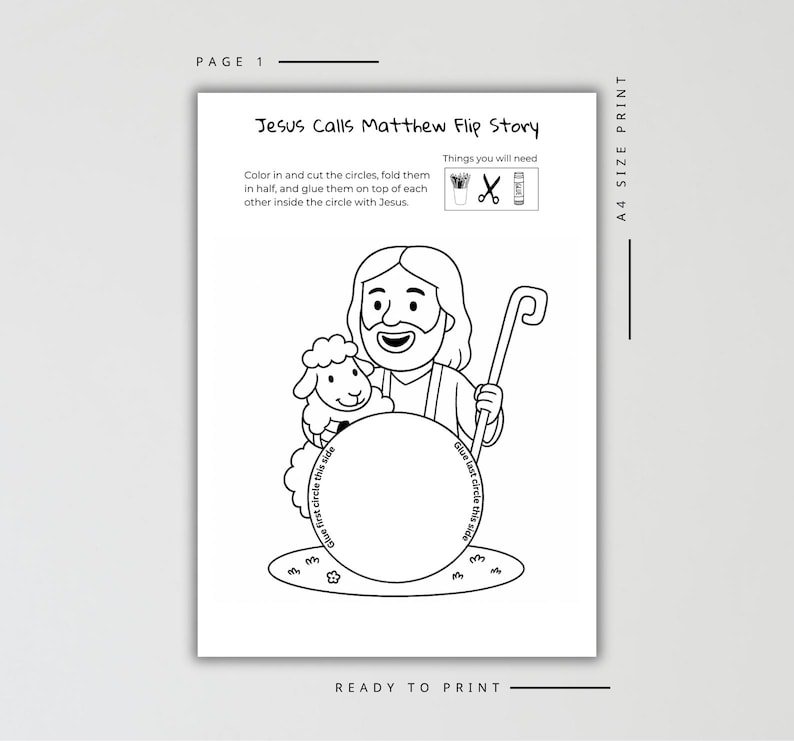 Puede incluir: Hoja de actividades imprimible en blanco y negro, tama&ntilde;o A4. La imagen muestra una ilustraci&oacute;n de Jes&uacute;s con una oveja, un bast&oacute;n y un c&iacute;rculo grande. El t&iacute;tulo es "Jesus Calls Matthew Flip Story" con instrucciones.