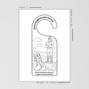 Pu&ograve; includere: Appendiabiti nero e bianco con illustrazioni e testo. Il testo recita "Il regno di Dio dura per sempre" e "Daniele interpreta un sogno di regni che sorgono e cadono". L'immagine presenta una scena biblica con due figure.