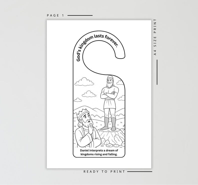 Pu&ograve; includere: Appendiabiti nero e bianco con illustrazioni e testo. Il testo recita "Il regno di Dio dura per sempre" e "Daniele interpreta un sogno di regni che sorgono e cadono". L'immagine presenta una scena biblica con due figure.