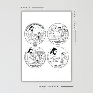 Puede incluir: Ilustraciones en blanco y negro de historias b&iacute;blicas, incluyendo a Jes&uacute;s resucitando al hijo de la viuda, el hijo de una viuda que hab&iacute;a muerto, Jes&uacute;s encontr&aacute;ndolos en la puerta, y Jes&uacute;s diciendo "No llores, dijo."