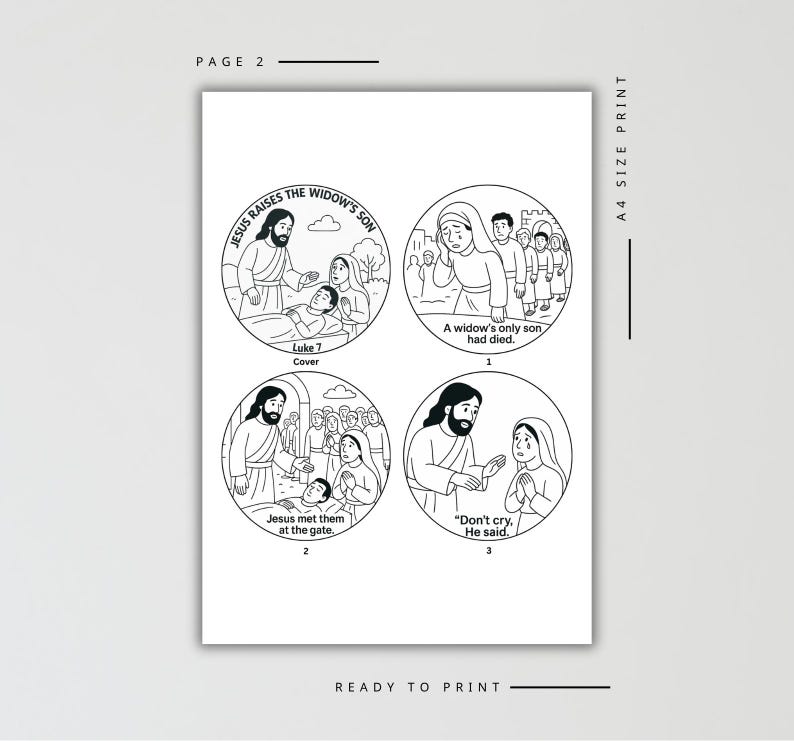 Puede incluir: Ilustraciones en blanco y negro de historias b&iacute;blicas, incluyendo a Jes&uacute;s resucitando al hijo de la viuda, el hijo de una viuda que hab&iacute;a muerto, Jes&uacute;s encontr&aacute;ndolos en la puerta, y Jes&uacute;s diciendo "No llores, dijo."