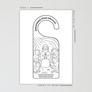 May include: Black and white door hanger with a biblical illustration. The image depicts a man praying surrounded by lions, with the text "God protects those who trust." and "Daniel trusts God even when thrown to lions."