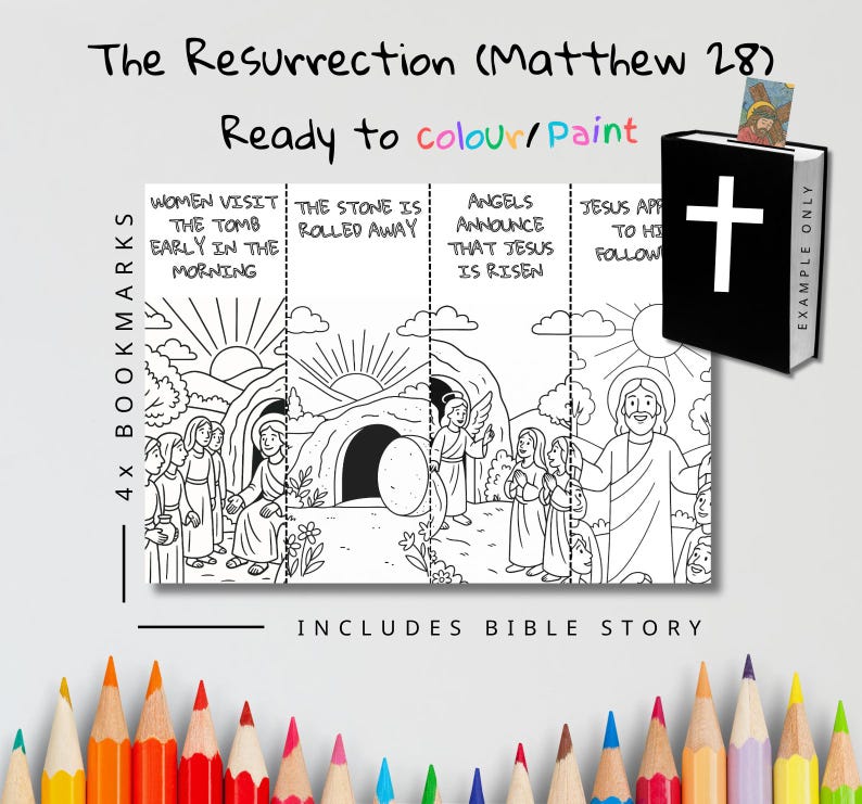 Resurrection of Jesus Bible Story Colouring Bookmarks for Kids: listing photo