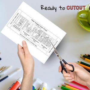 May include: A black and white illustrated cutout activity sheet titled "Peter Escapes from Prison." The sheet includes text and illustrations of a biblical scene. The words "Ready to CUTOUT" are written at the top. Scissors are cutting the sheet.