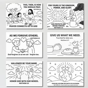 May include: Six black and white illustrated cards with religious themes. Each card features line art and text from Matthew, including phrases like "Prayer connects us to God" and "Give us what we need."