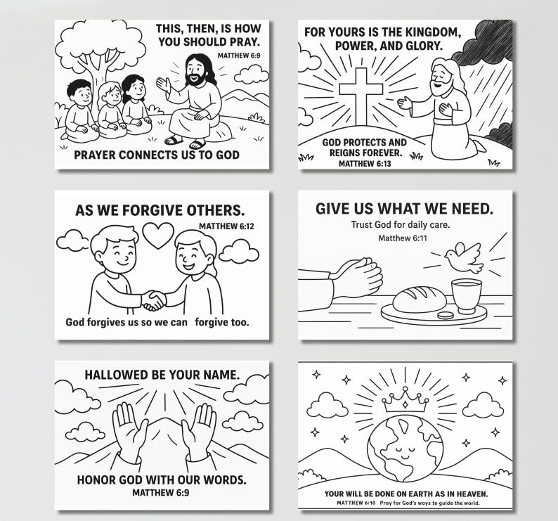 May include: Six black and white illustrated cards with religious themes. Each card features line art and text from Matthew, including phrases like "Prayer connects us to God" and "Give us what we need."