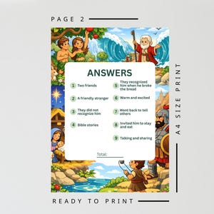 May include: A4 size print with colorful illustrations and text. The page is labeled "PAGE 2" and features a list of answers related to Bible stories. The words "READY TO PRINT" are at the bottom.