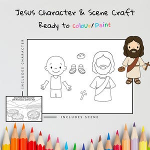 May include: A craft kit with the text "Jesus Character & Scene Craft Ready to colour/Paint". The kit includes a character and scene to color, with images of Jesus, bread, sandals, a cross, and a scene of Jesus feeding the five thousand.