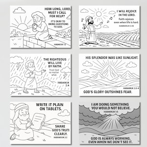Puede incluir: Un conjunto de seis ilustraciones en blanco y negro de vers&iacute;culos b&iacute;blicos de Habacuc. Cada imagen presenta una escena b&iacute;blica con texto, incluyendo frases como "&iquest;Hasta cu&aacute;ndo, Se&ntilde;or, pedir&eacute; ayuda?" y "Me alegrar&eacute; en el Se&ntilde;or."