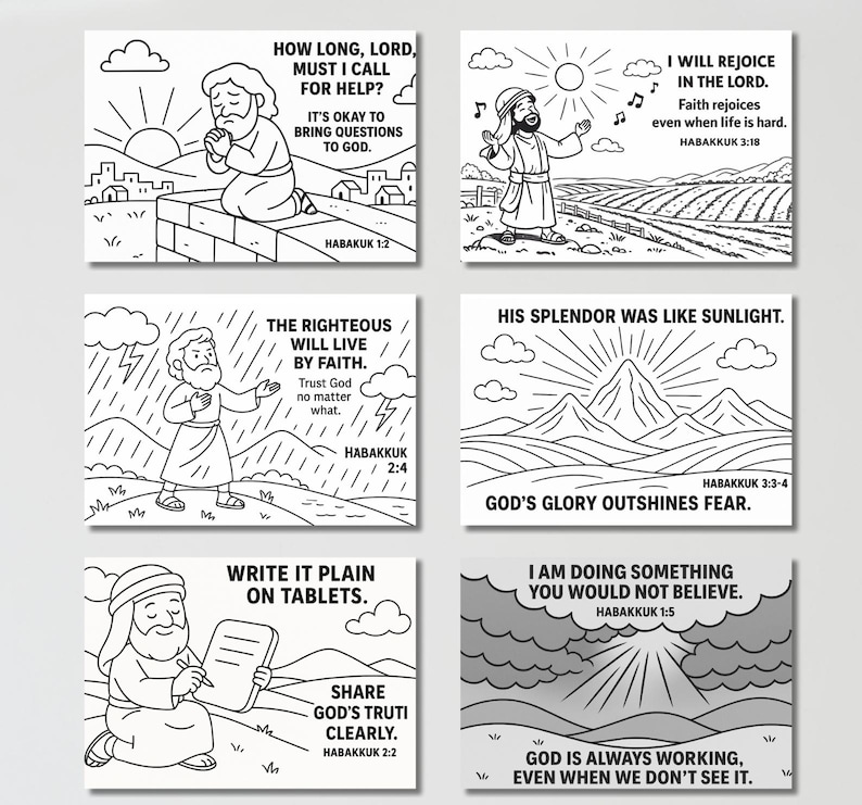 Puede incluir: Un conjunto de seis ilustraciones en blanco y negro de vers&iacute;culos b&iacute;blicos de Habacuc. Cada imagen presenta una escena b&iacute;blica con texto, incluyendo frases como "&iquest;Hasta cu&aacute;ndo, Se&ntilde;or, pedir&eacute; ayuda?" y "Me alegrar&eacute; en el Se&ntilde;or."