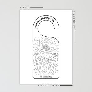 May include: A black and white printable door hanger coloring page featuring a landscape with a river, trees, mountains, and a city on a cloud. The text reads God makes all things new and God creates a new world filled with peace and joy.